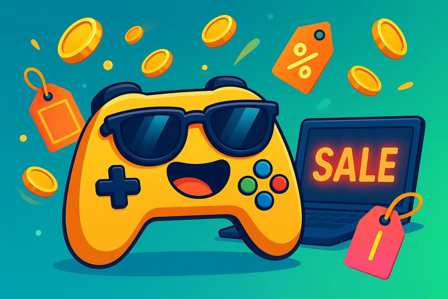 Cheerful yellow game controller with sunglasses surrounded by coins, price tags, and a laptop showing a "SALE" sign on a bright teal background.